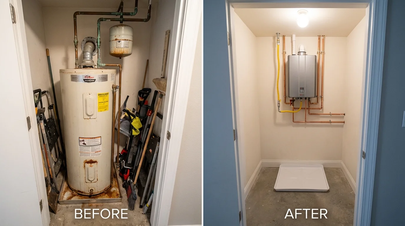 Tank water heater versus wall-mounted tankless unit comparison for Aurora, UT homeowners