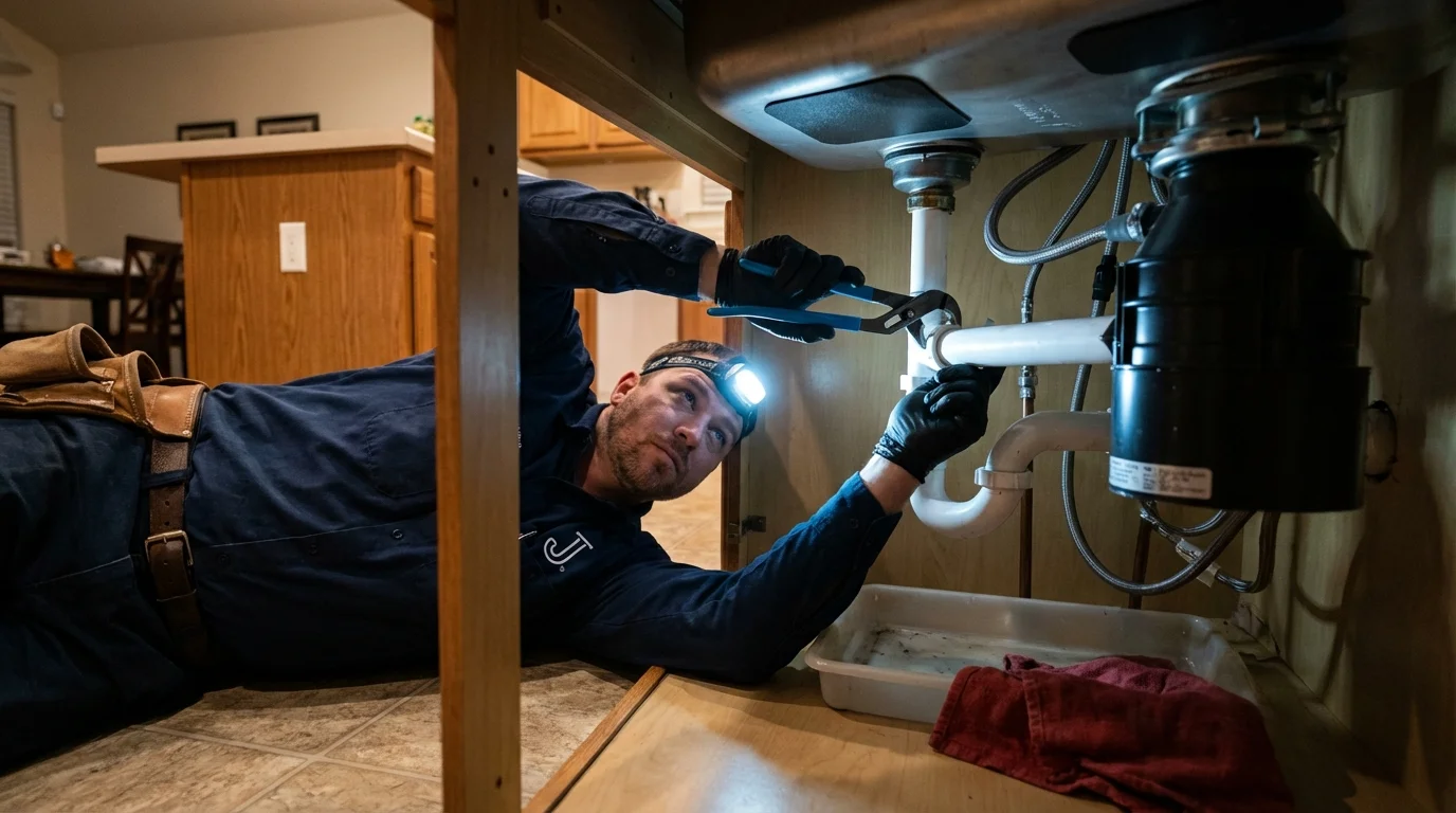 P-trap and supply line connections under a kitchen sink showing a common leak point in Aurora, UT